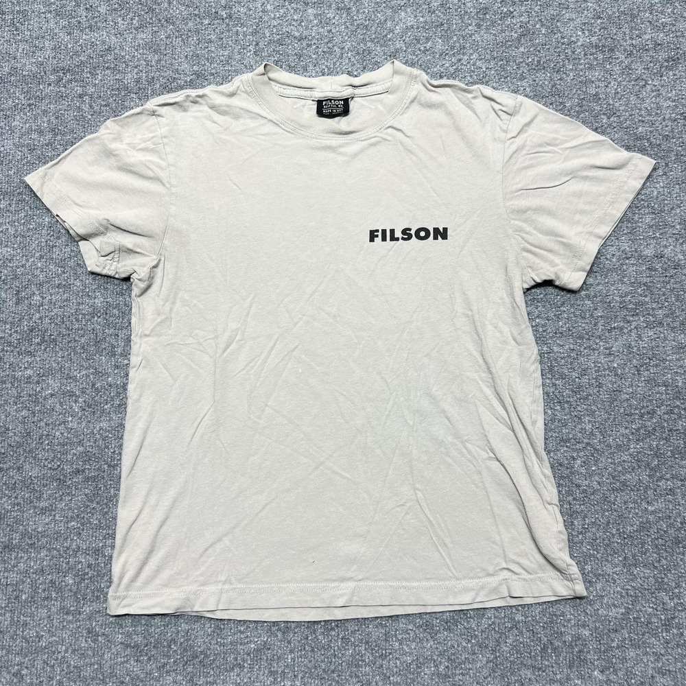 Filson Shirt Mens XS Beige Hunt Fish Unfailing Goods 1897 Graphic Tee *Flaw